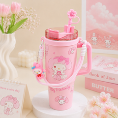 Original Sanrio Stainless Steel Insulated Tumbler with Handle, Straw, Keychain & Stopper | 30 Oz / 890 ML | Hot & Cold