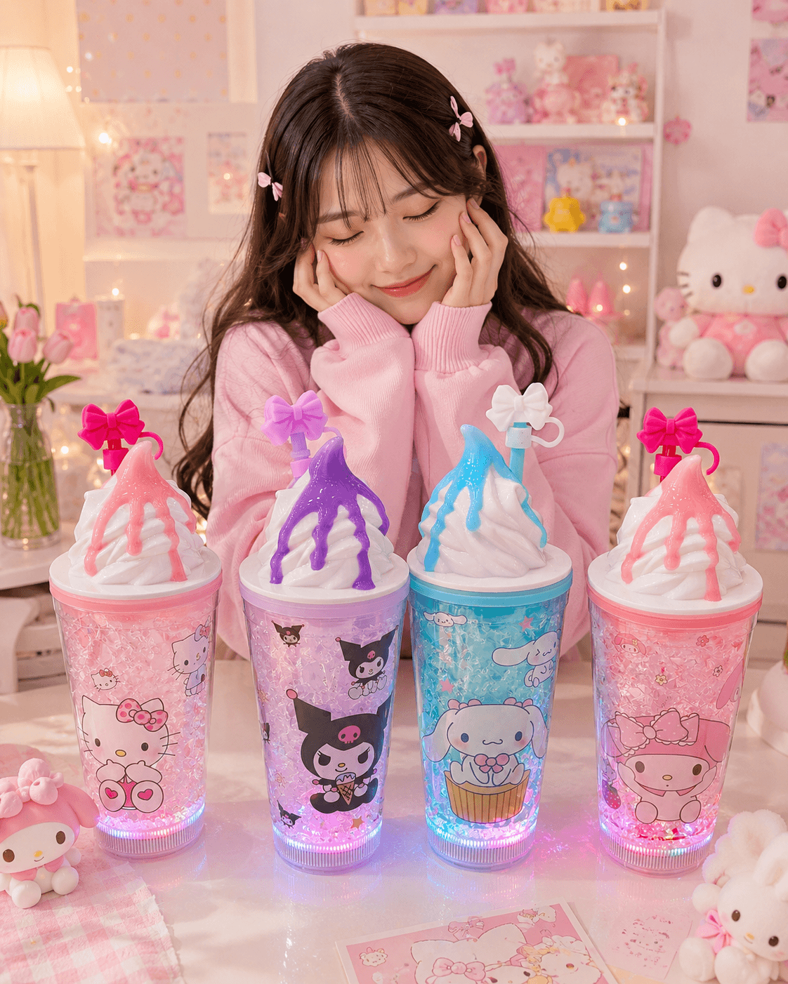 Sanrio Led Light Jelly Frosty Sippers ❄️ Built-in Freezer Gel Cooling 🌈 Color Chaging Lights With Bow Stopper