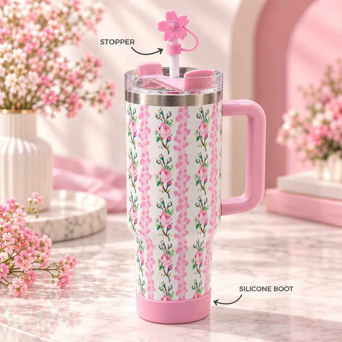 40 Oz Floral Stainless Steel Tumblers with Straw Topper & Silicone Boot