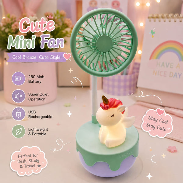 Cute Unicorn Mini Rechargeable Fan with Light – 250 mAh USB Charging