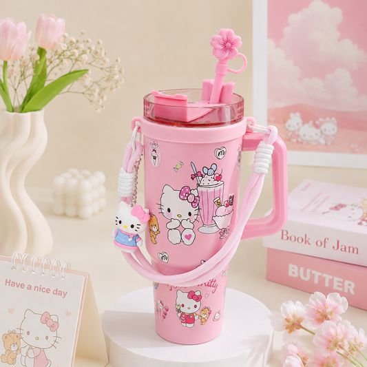 Original Sanrio Stainless Steel Insulated Tumbler with Handle, Straw, Keychain & Stopper | 30 Oz / 890 ML | Hot & Cold