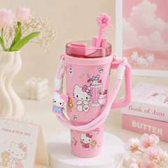 Original Sanrio Stainless Steel Insulated Tumbler with Handle, Straw, Keychain & Stopper | 30 Oz / 890 ML | Hot & Cold