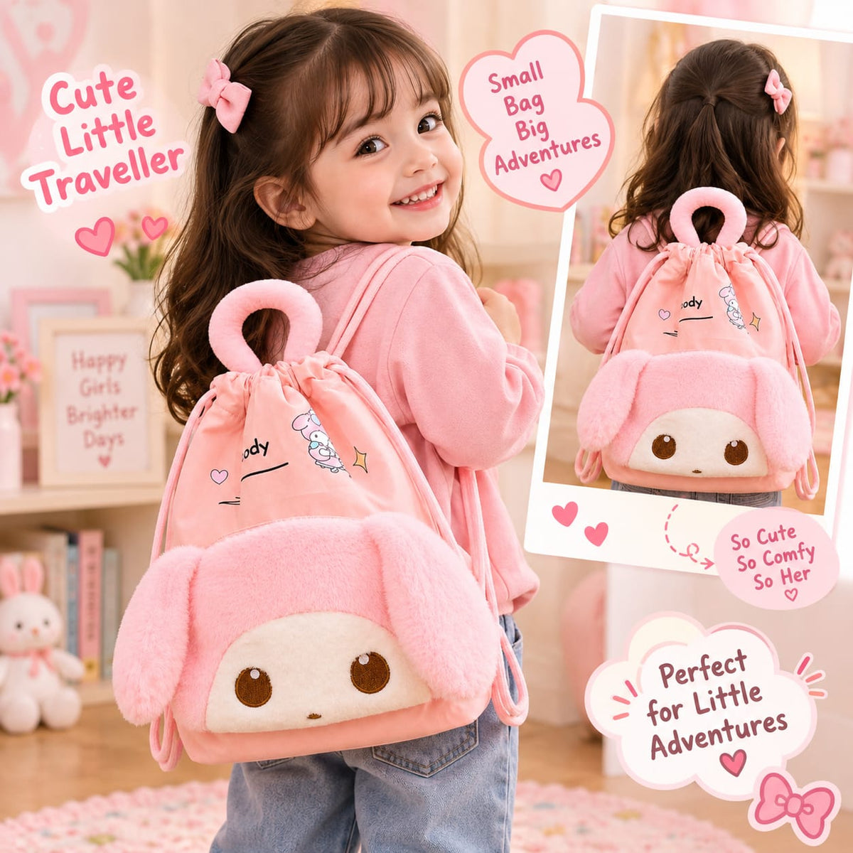 Sanrio Parachute Traveling Backpacks for Kids – Cute Character Drawstring Bag
