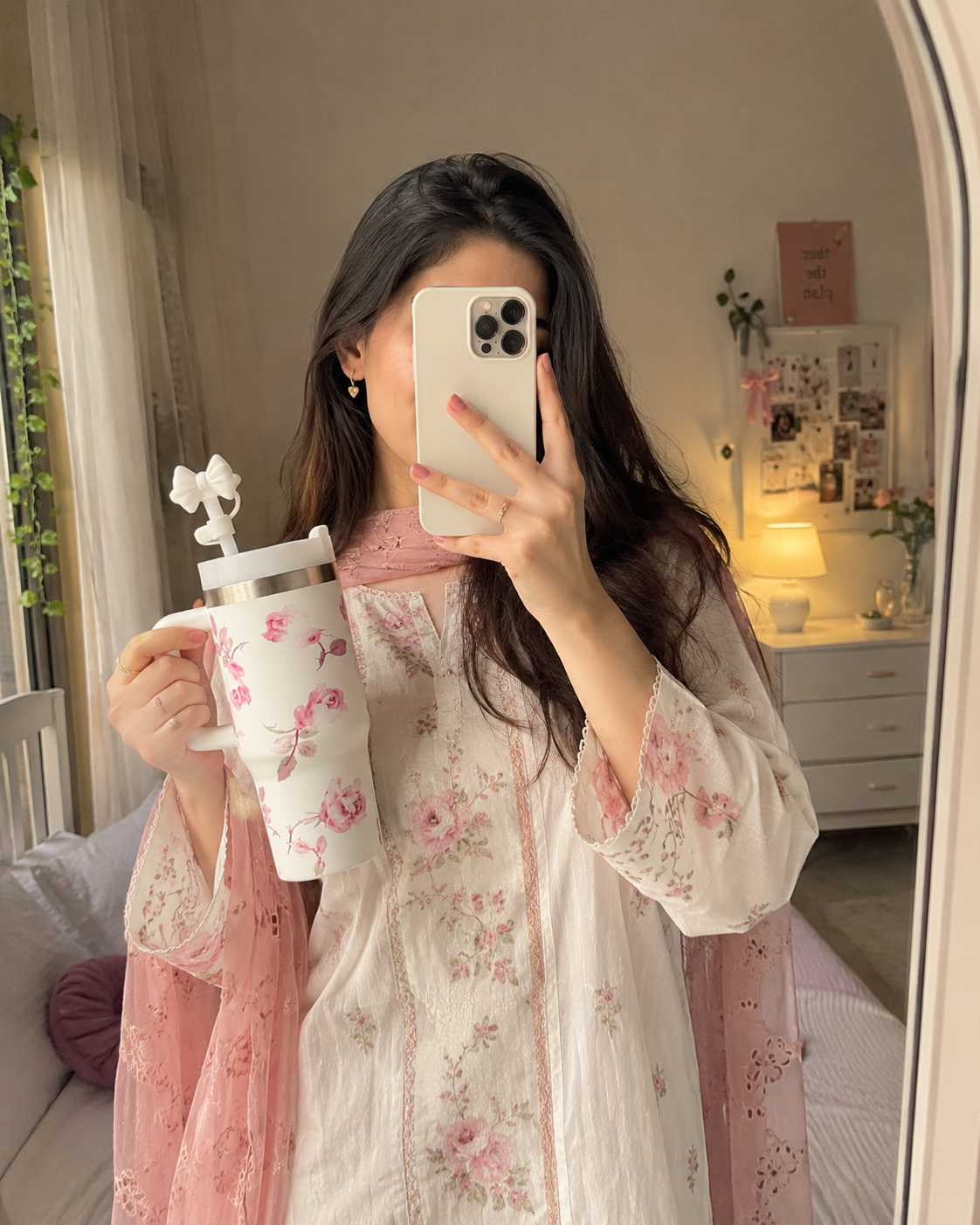 Blossom Floral Small Size Stainless Steel Tumbler + Straw with Bow Stopper ( 2O Oz / 420 ml )