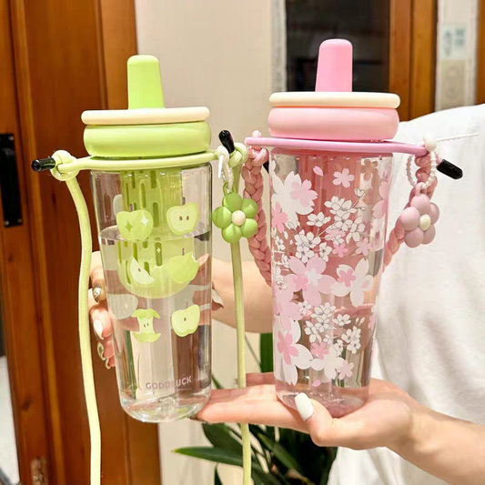 🌸 Stylish Floral Water Bottle with Strap & Flower Charm – 950ml - Leak Proof / Unbreakable