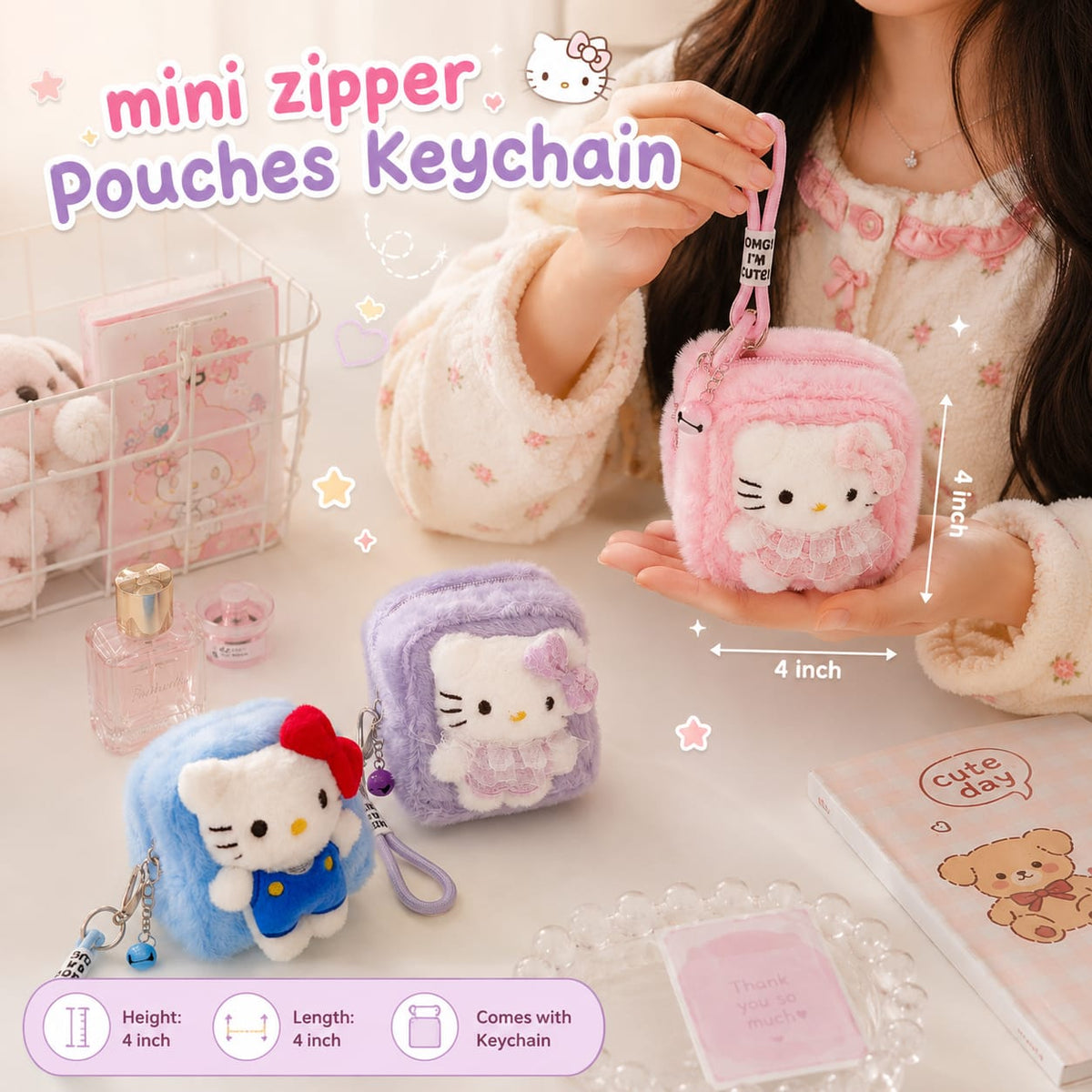 Hello Kitty Plush Mini Size Zipper Pouches Keychains ( Size 4 × 4 inch )