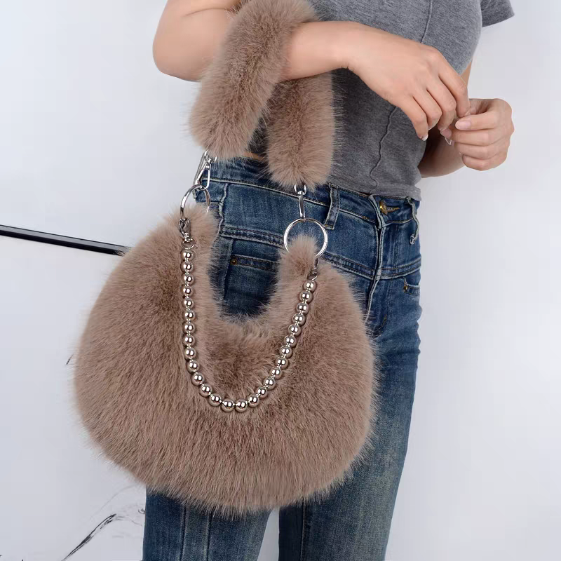 Luxury Faux Fur Plush Shoulder Bag with Pearl Chain Handle | Zipper Pocket