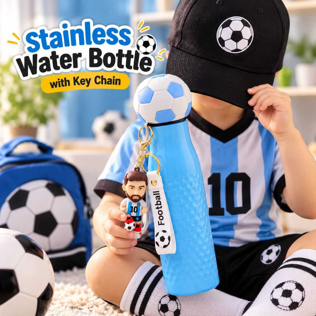 Football Stainless Steel Water Bottle With Keychain | 750 ml | Hot & Cold