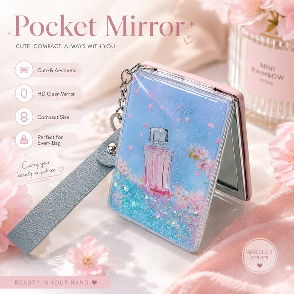 Premium Acrylic Water Glitter Filled Double-Sided Pocket Mirror Keychain – 9 × 6 cm