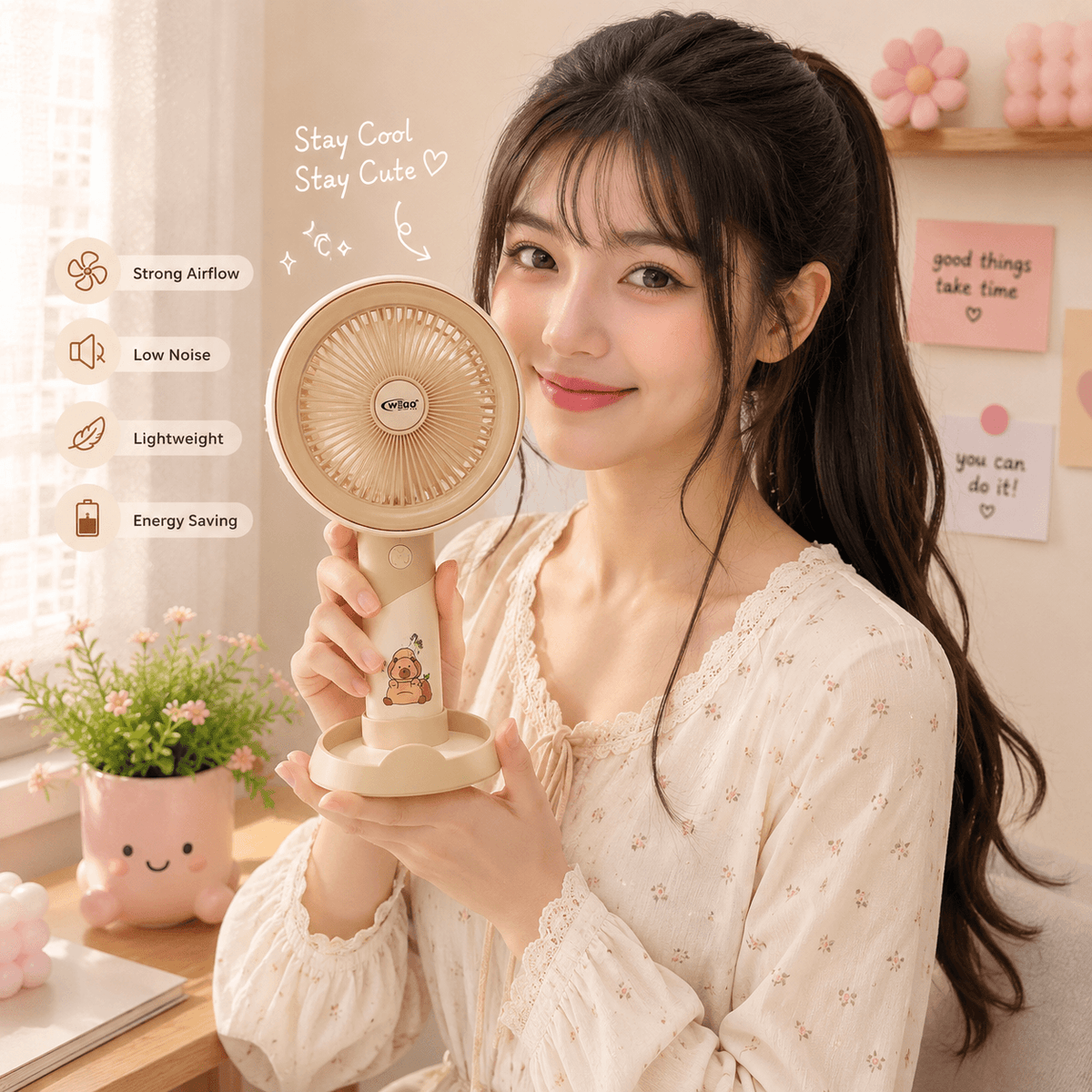 WEGO™ Rechargeable Portable Desk & Hand Fan – 3 Speed | Type-C Charging | 800mAh | Size 9 × 5 Inch