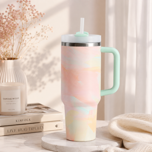 Premium Stainless Steel Tumbler with Handle & Straw – 40 Oz / 1200 ml Capacity