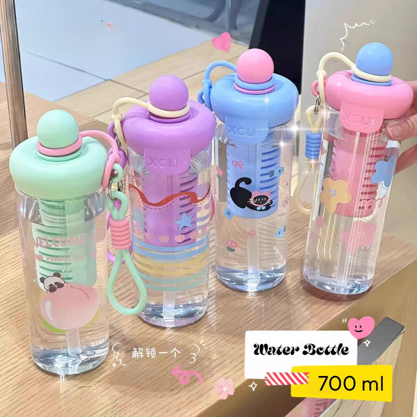 Cute Water Bottles – 700ml Leakproof Straw Bottle with Carry Strap