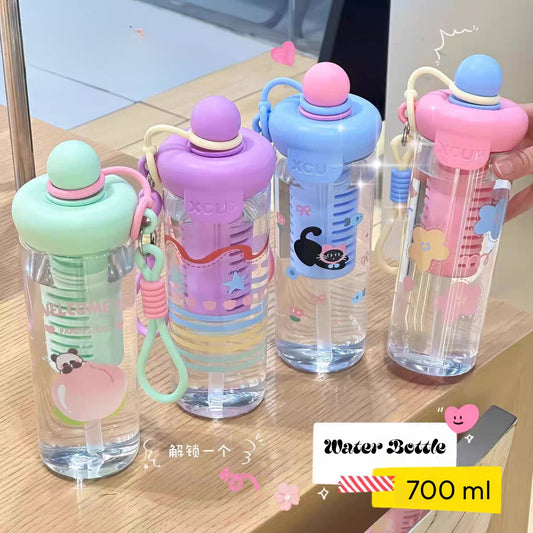 Cute Water Bottles – 700ml Leakproof Straw Bottle with Carry Strap