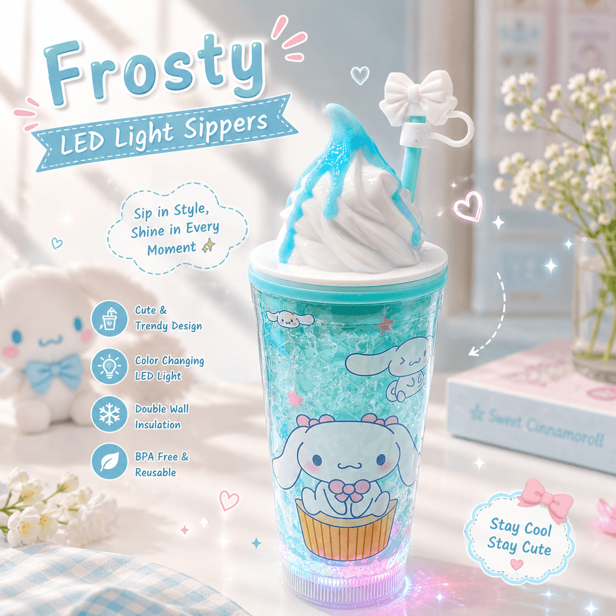 Sanrio Led Light Jelly Frosty Sippers ❄️ Built-in Freezer Gel Cooling 🌈 Color Chaging Lights With Bow Stopper