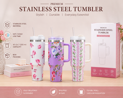 Premium Floral Stainless Steel Tumbler with Handle & Straw – 40 Oz / 1200 ml Capacity