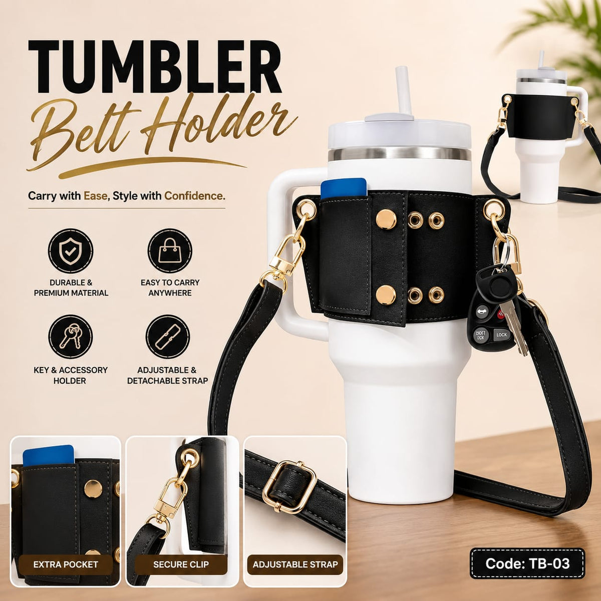 Premium Tumbler Carry Holder Belt with Adjustable Shoulder Strap