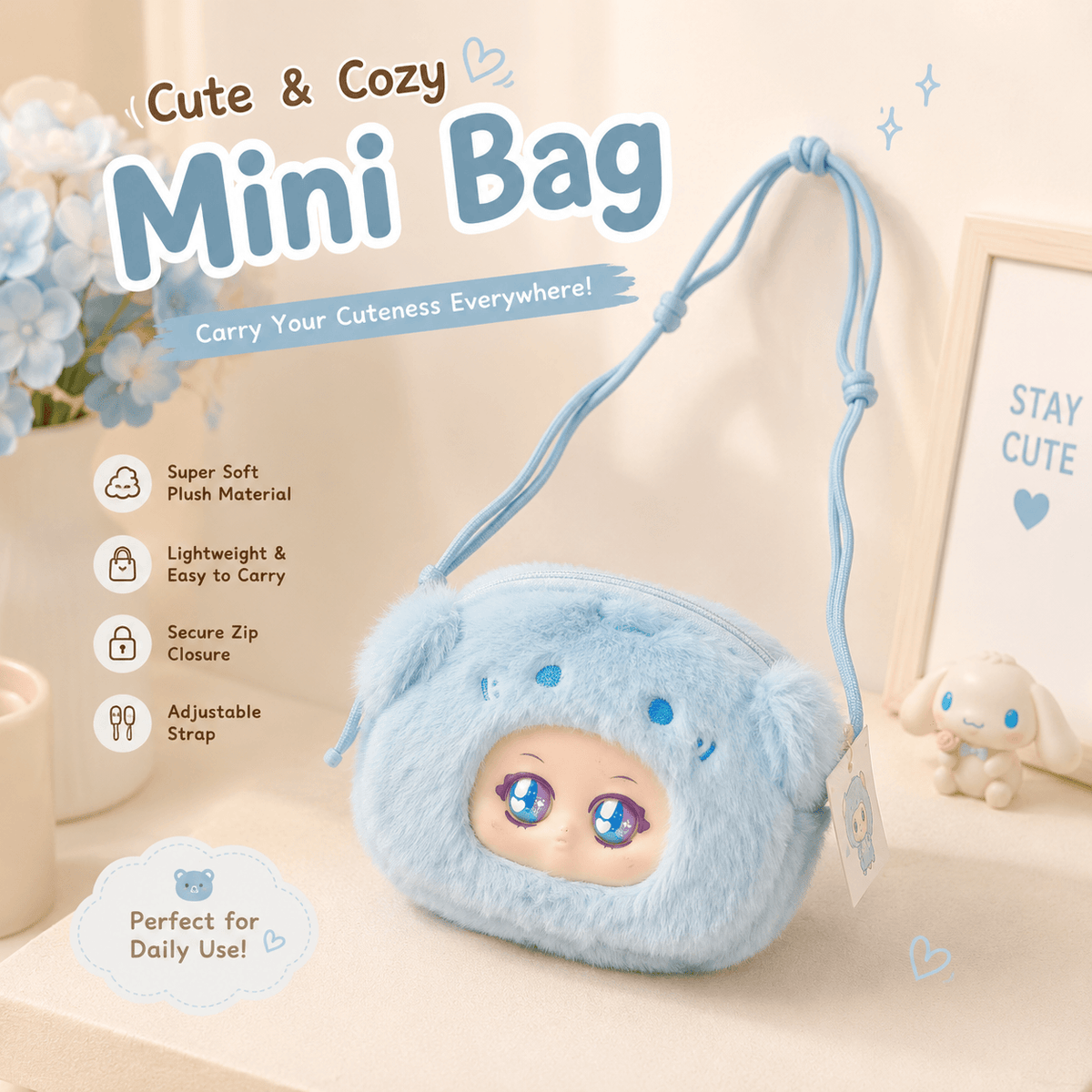 Cute Plush Mini Crossbody Kids Bag ( Size 6 × 5 Inch ) Soft Cartoon Coin Pouch