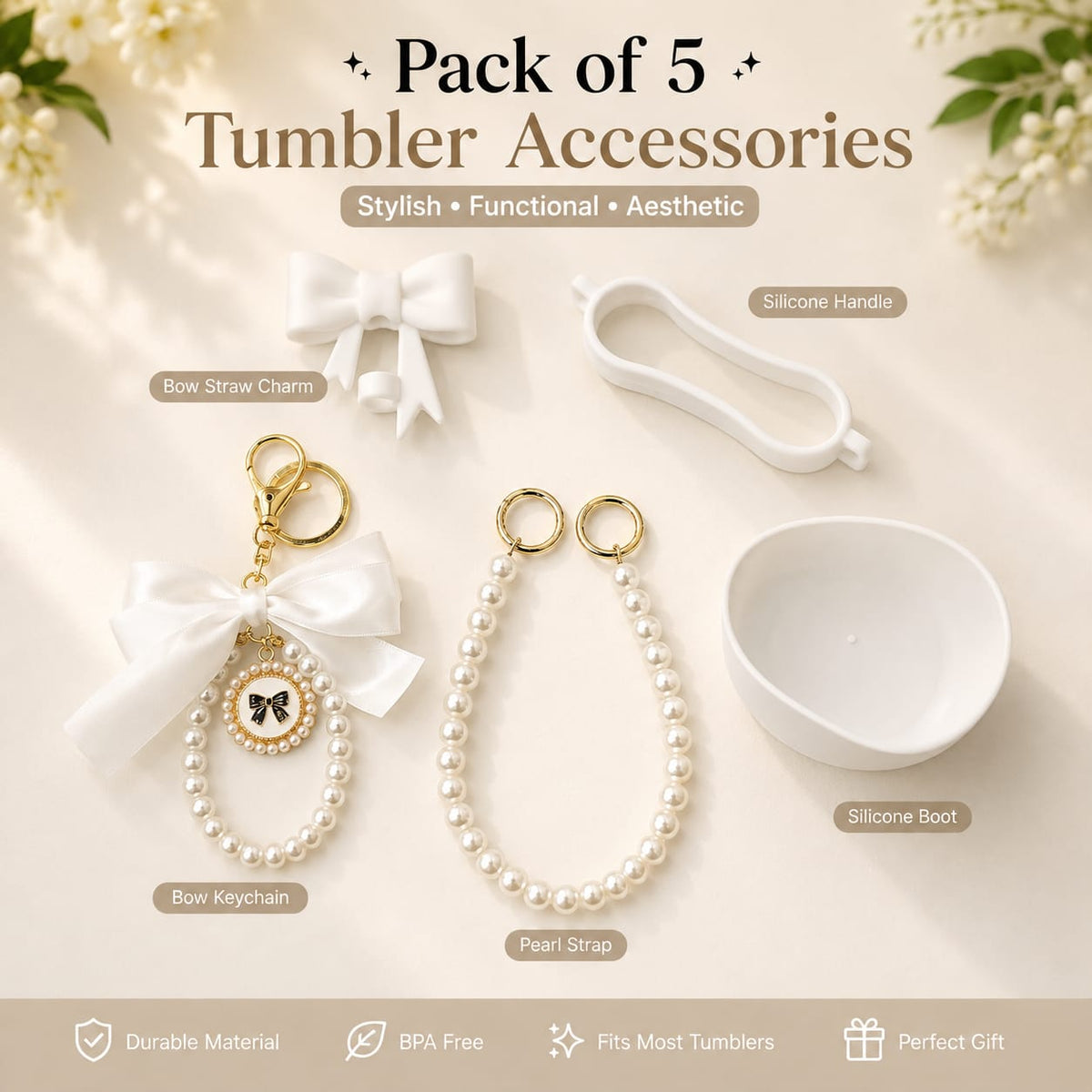 Pack of 5 Tumbler Accessories Set – Pink Bow Edition | Pearl Charm, Silicone Boot & Handle Kit
