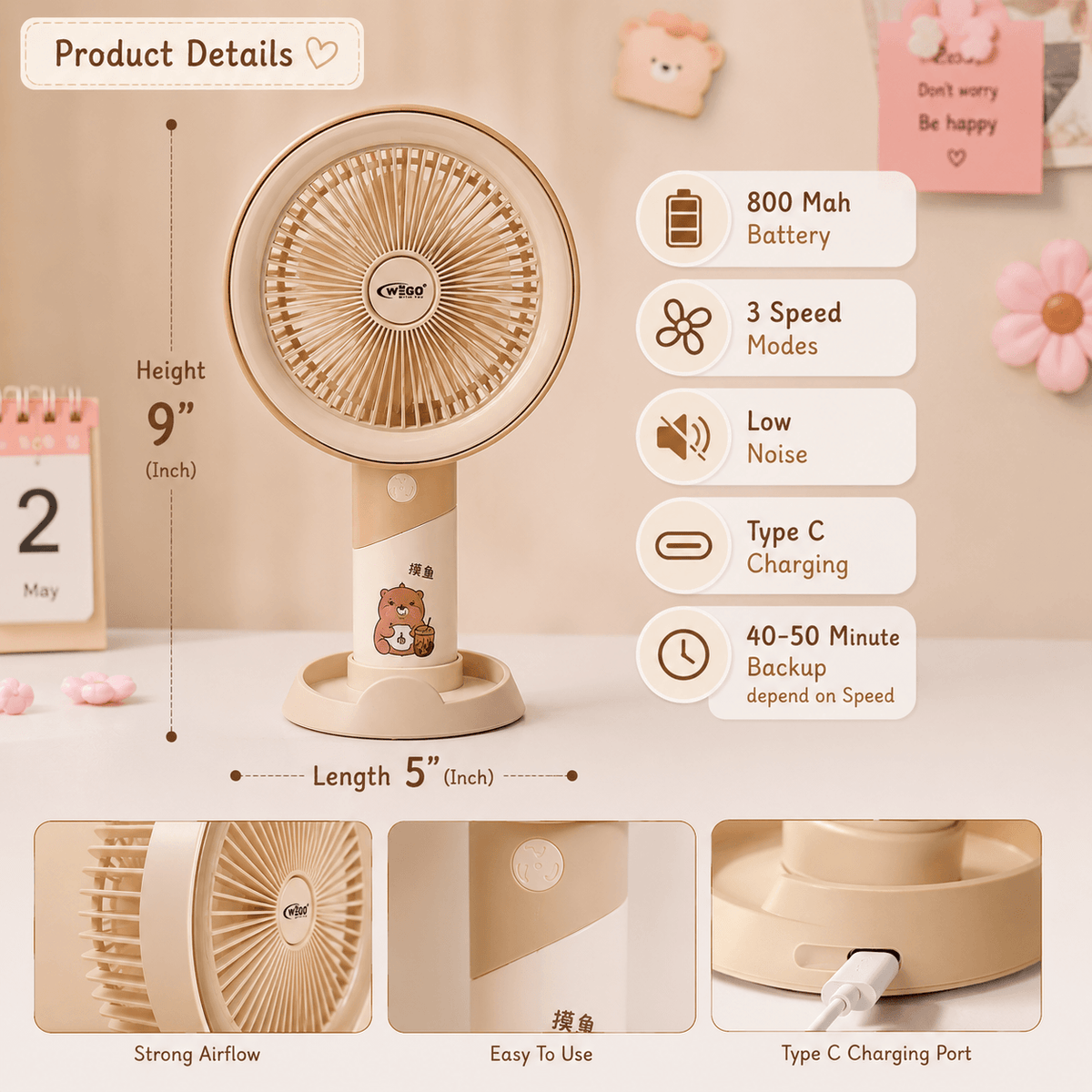 WEGO™ Rechargeable Portable Desk & Hand Fan – 3 Speed | Type-C Charging | 800mAh | Size 9 × 5 Inch