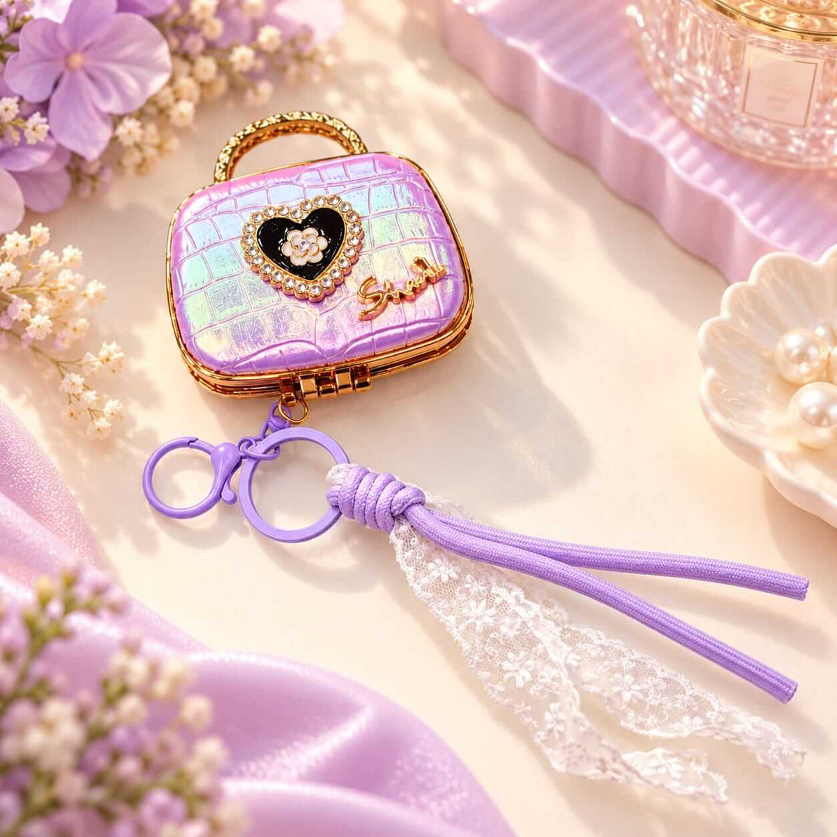 Cute Mini Mirror Keychain with Lace Tassel Charm Keychain