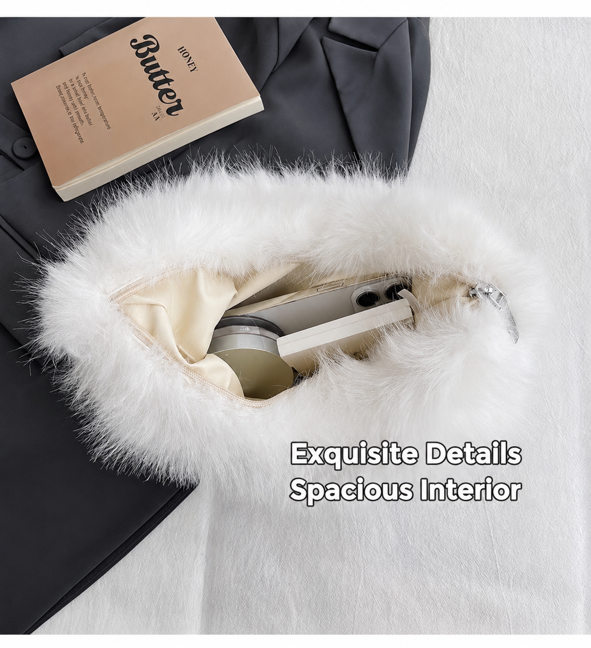 Luxury Faux Fur Plush Shoulder Bag with Pearl Chain Handle | Zipper Pocket