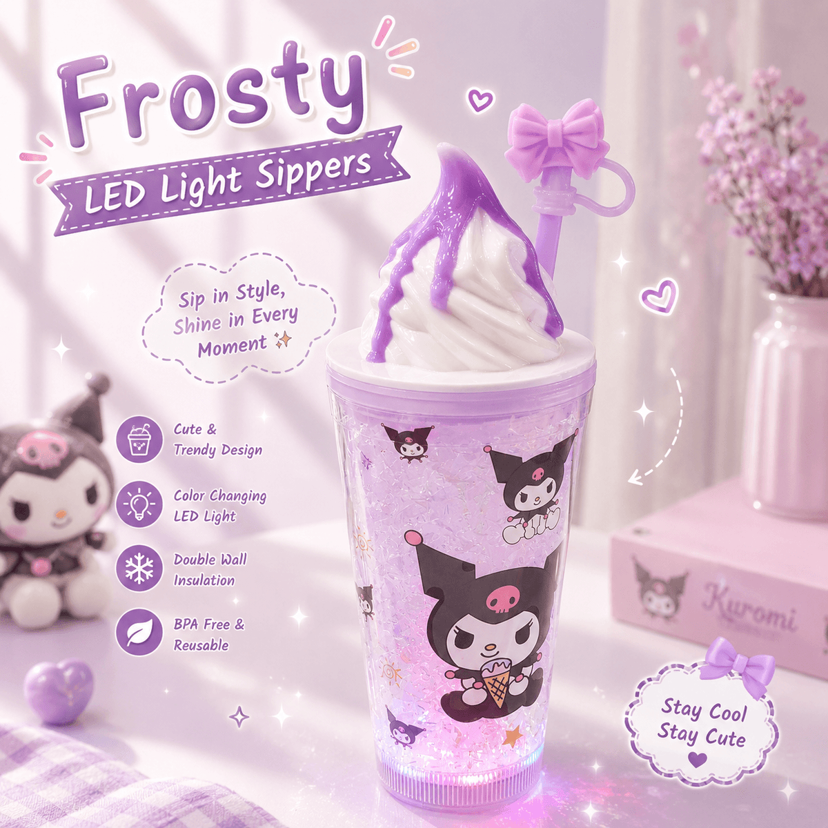 Sanrio Led Light Jelly Frosty Sippers ❄️ Built-in Freezer Gel Cooling 🌈 Color Chaging Lights With Bow Stopper