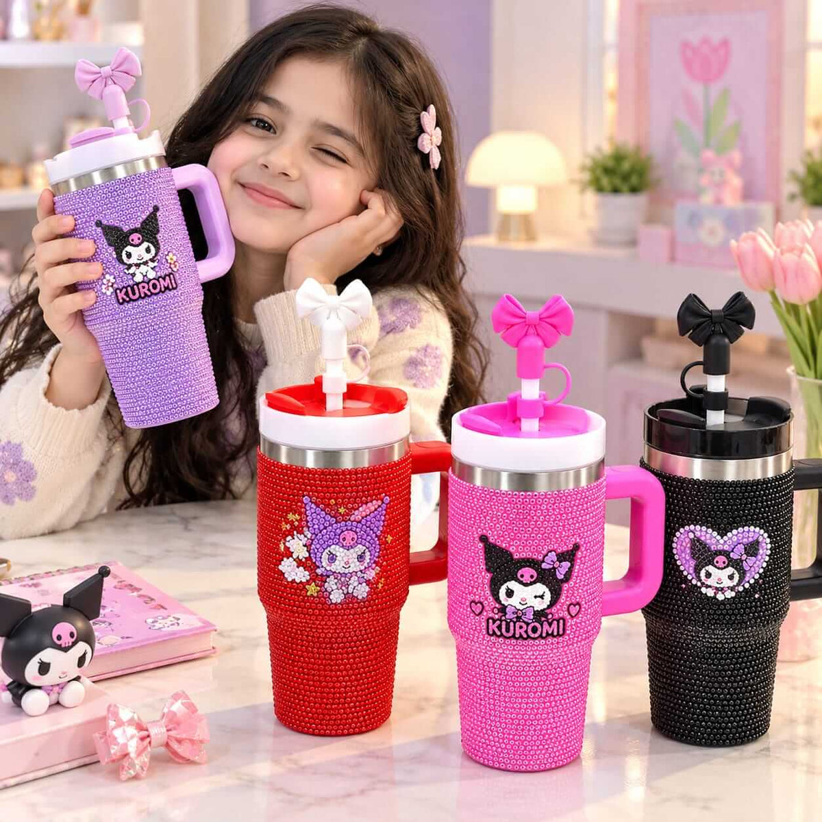 Premium Rhinestone Kuromi Tumbler with Handle & Bow Straw | 20 oz (600 ml)