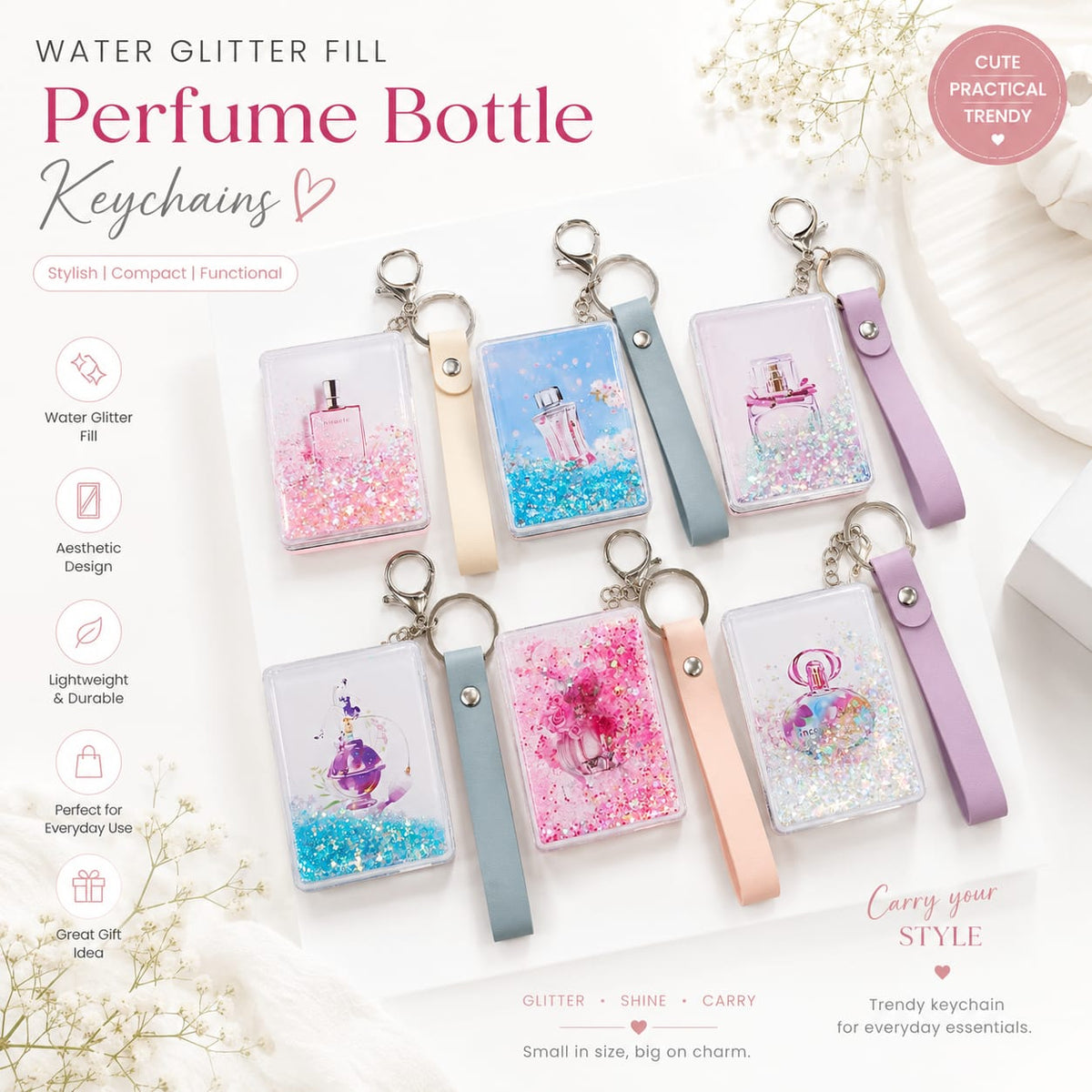 Premium Acrylic Water Glitter Filled Double-Sided Pocket Mirror Keychain – 9 × 6 cm
