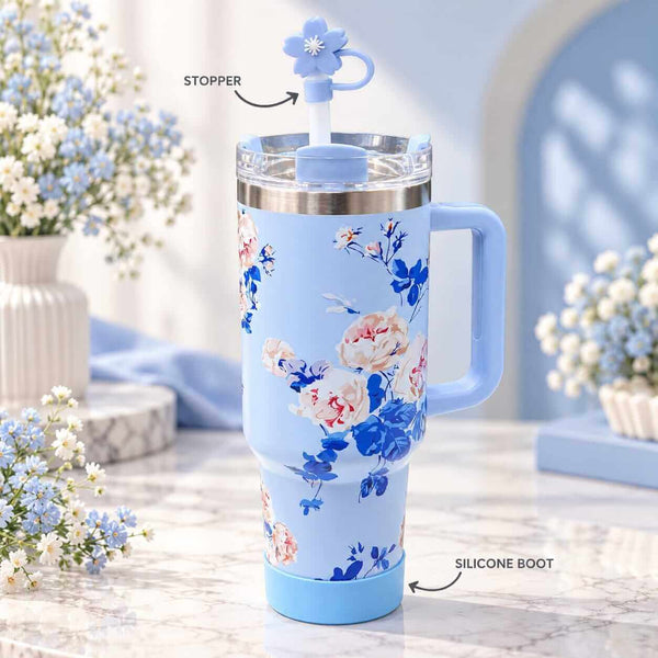 40 Oz Floral Stainless Steel Tumblers with Straw Topper & Silicone Boot