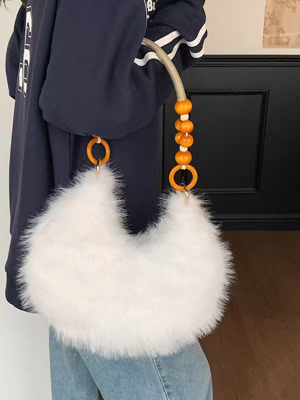 Luxury Faux Fur Plush Shoulder Bag with Wooden Beaded Handle