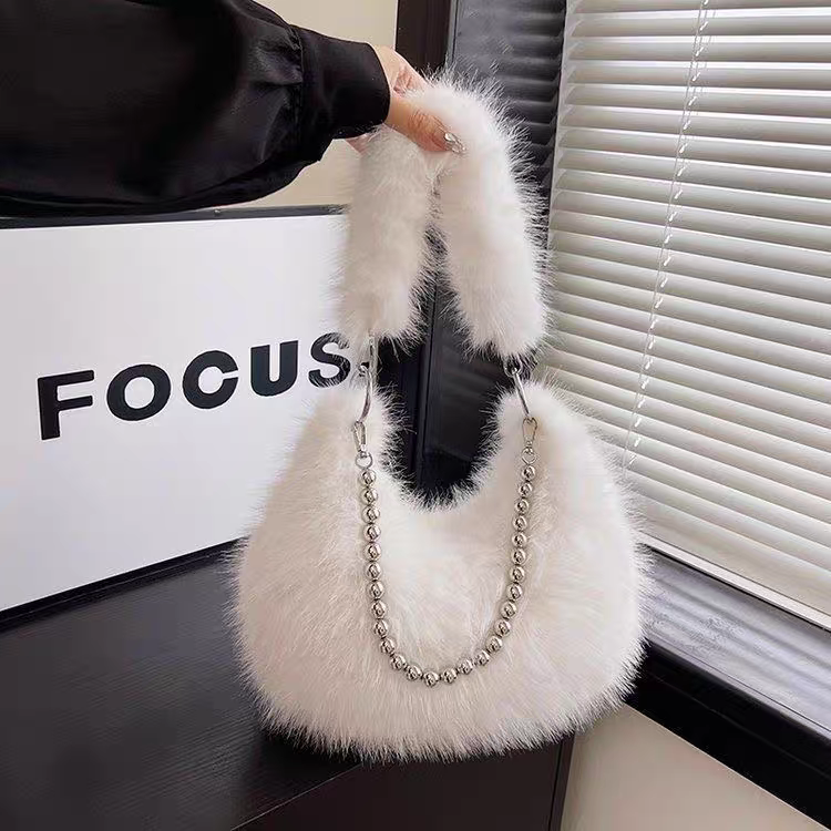 Luxury Faux Fur Plush Shoulder Bag with Pearl Chain Handle | Zipper Pocket