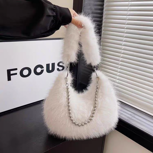 Luxury Faux Fur Plush Shoulder Bag with Pearl Chain Handle | Zipper Pocket