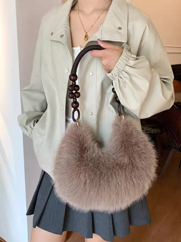 Luxury Faux Fur Plush Shoulder Bag with Wooden Beaded Handle