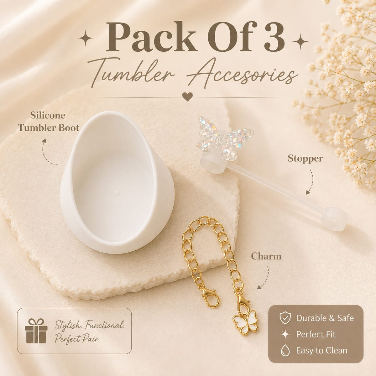 3-Piece Butterfly Tumbler Accessory Set – Silicone Boot, Straw Stopper & Charm 🦋