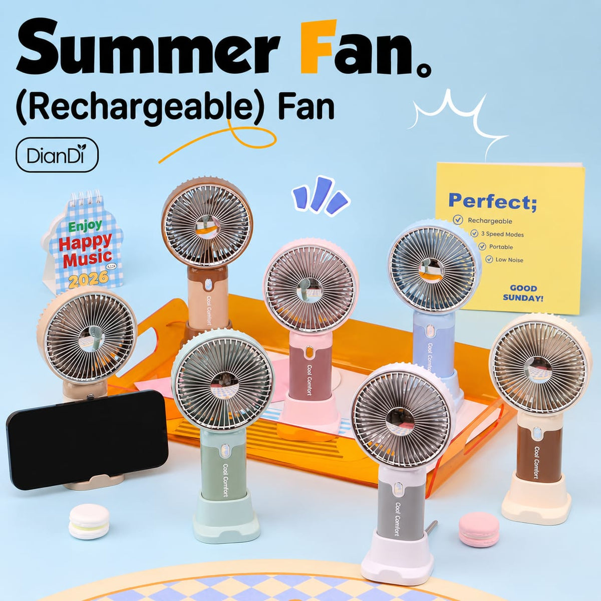 Turbo 5 Speed Rechargeable Mini Fan with LED Lights / 500 Mah Lithium Battery / Type C