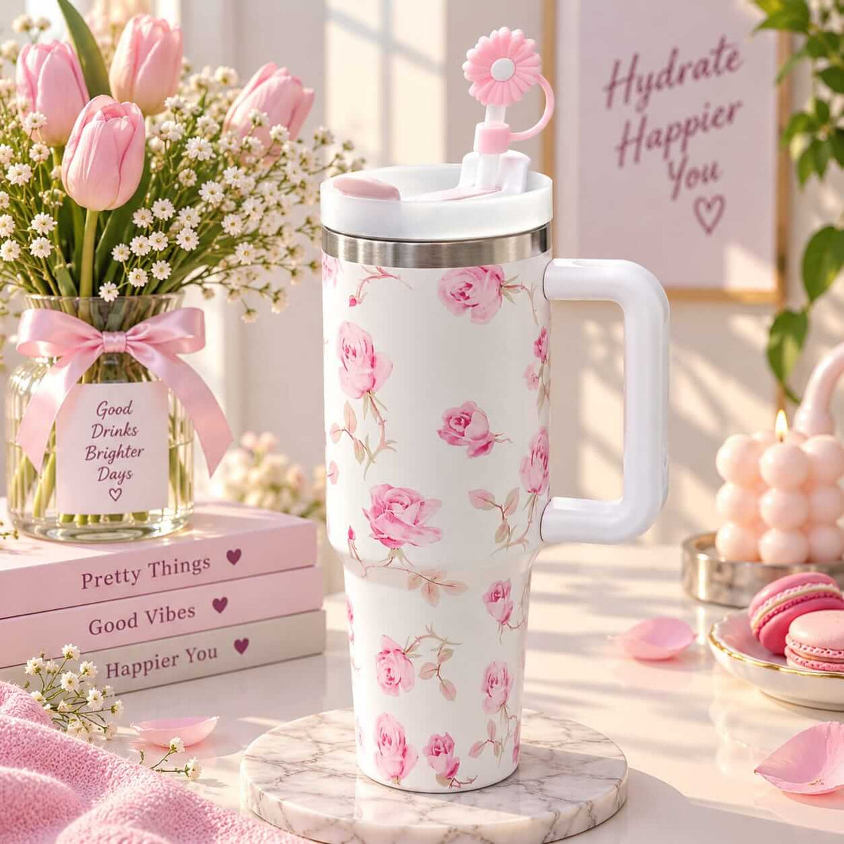 Premium Large Stainless Steel Floral Tumblers - 40 Oz / 1200 ml - Hot & Cold .
