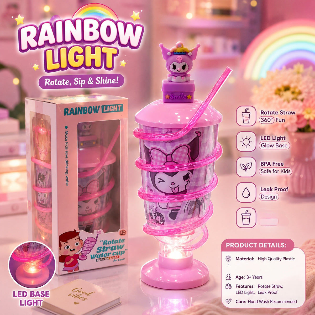 Led Light Spiral Straw Cup for Kids |  Rotating Straw