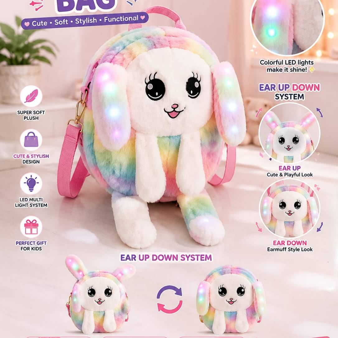 Cute Bunny Ear Moving LED Light Plush Backpack – Soft & Stylish Kids Bag