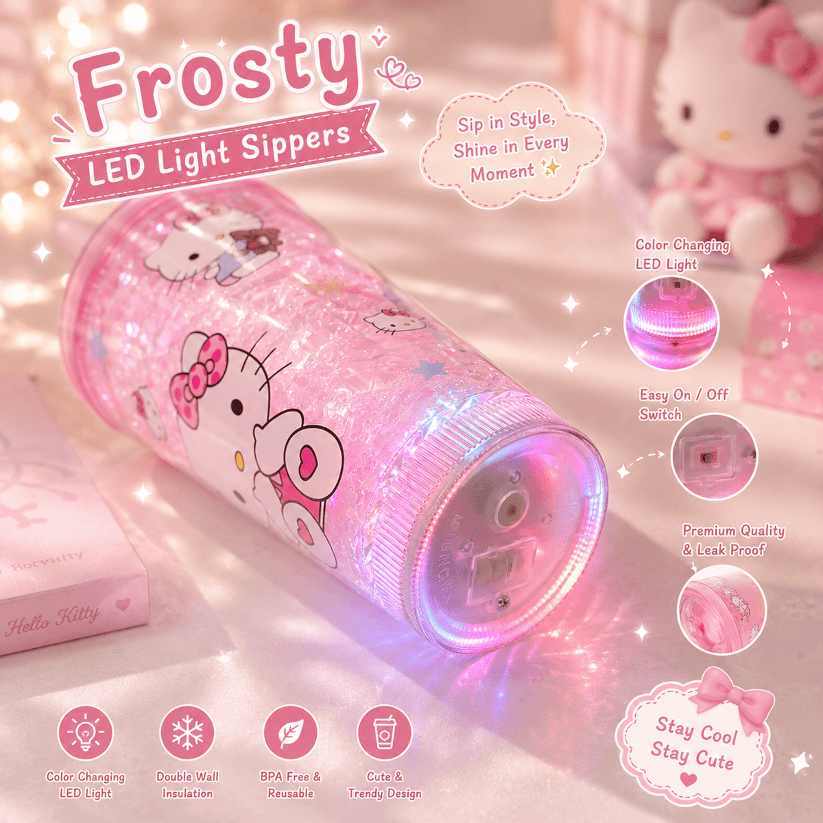 Sanrio Led Light Jelly Frosty Sippers ❄️ Built-in Freezer Gel Cooling 🌈 Color Chaging Lights With Bow Stopper