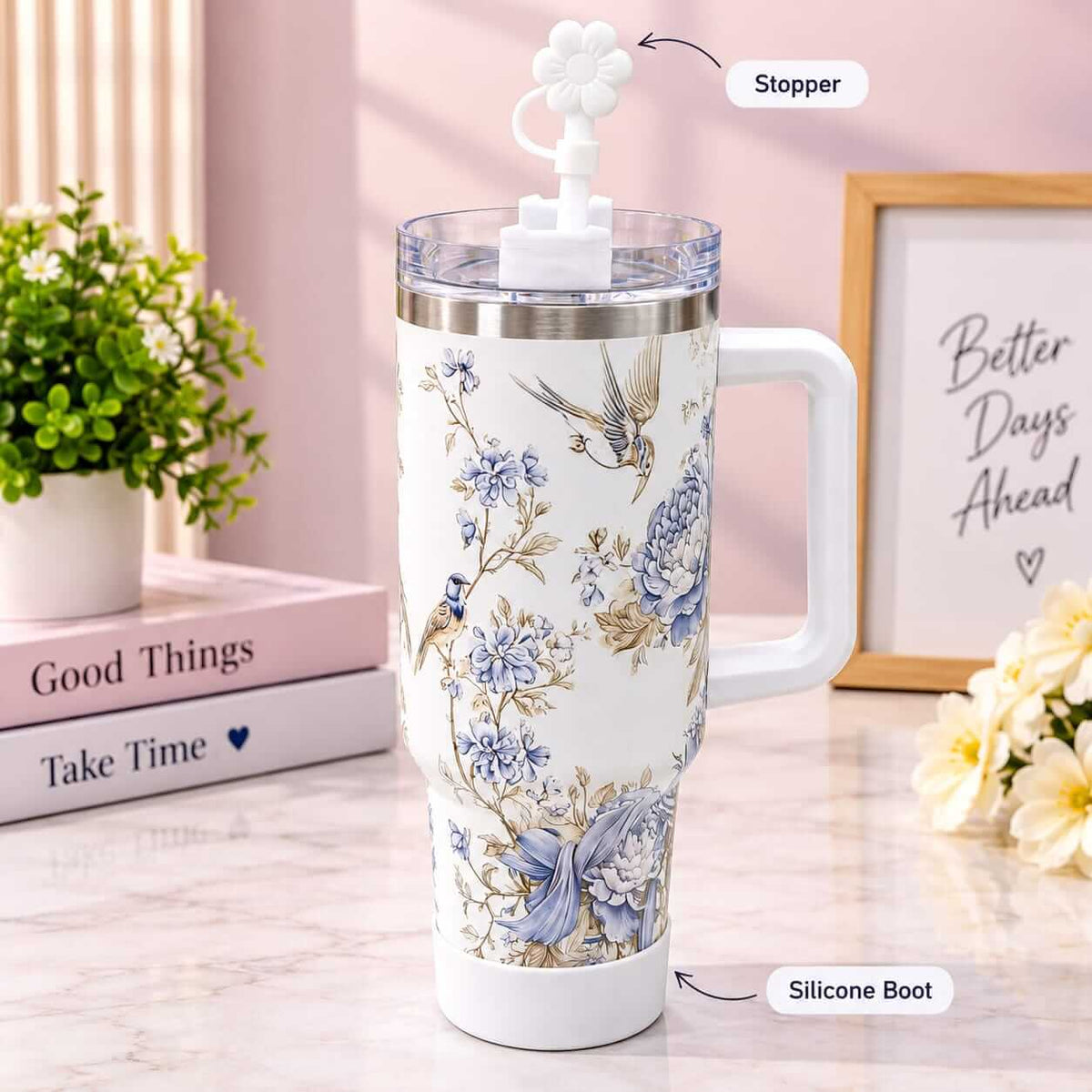 40 Oz Stainless Steel Floral Tumblers with Straw Stopper & Silicone Boot
