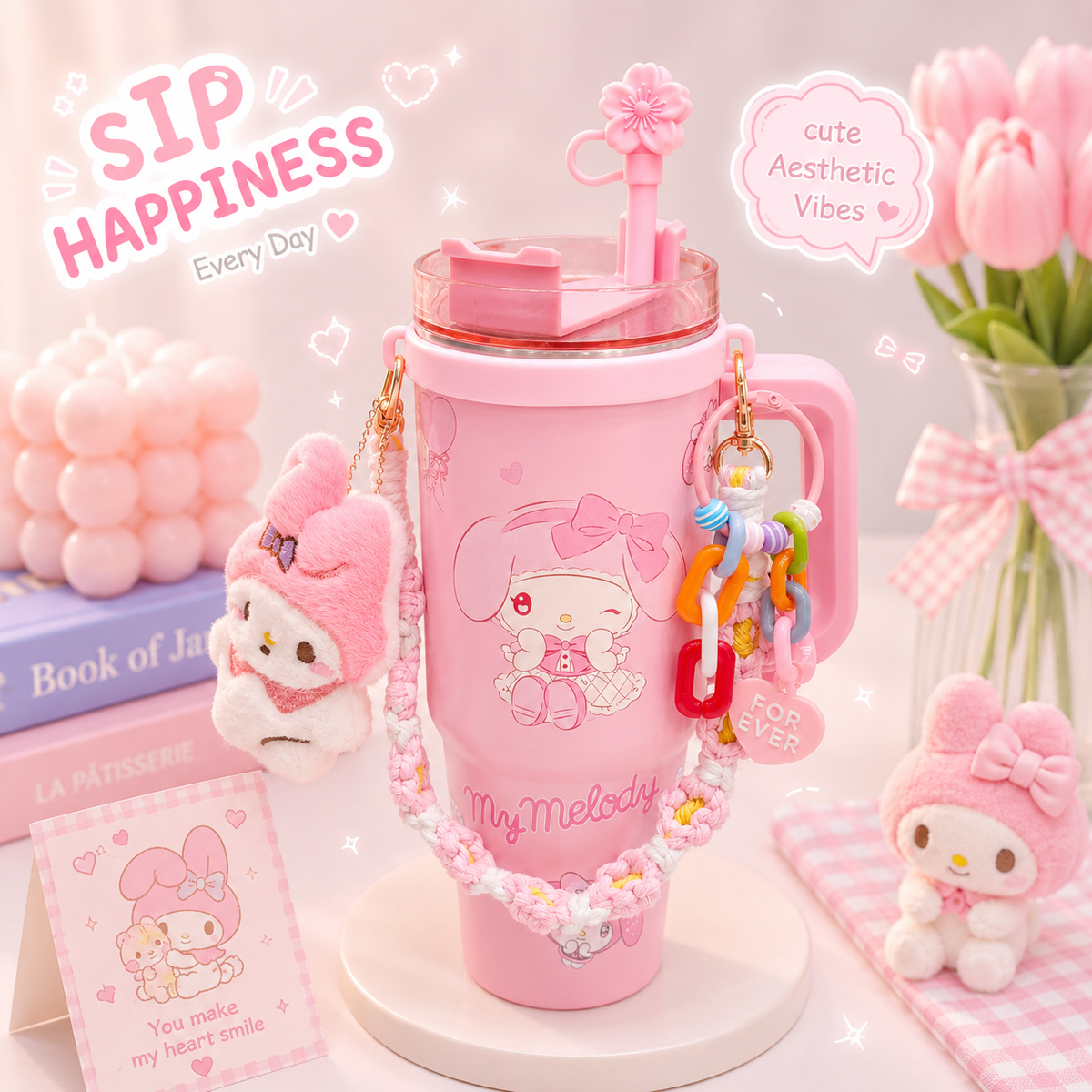 Sanrio Stainless Steel Tumbler with Accesories ( Sus 306 ) Handle , Keychains , Stopper Combo | Hot / Cold Long Time 🔥❄