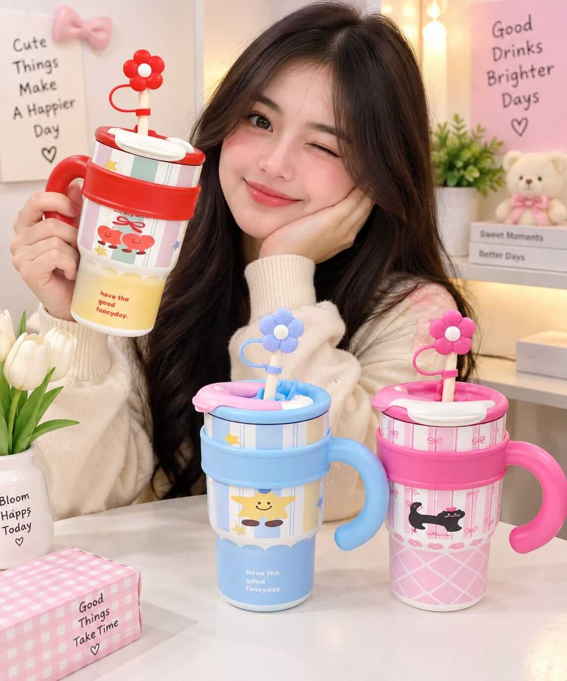 Cute Stainless Steel Tumblers | Dual Drinking | Sus 316 | 600 ml | Hot & Cold