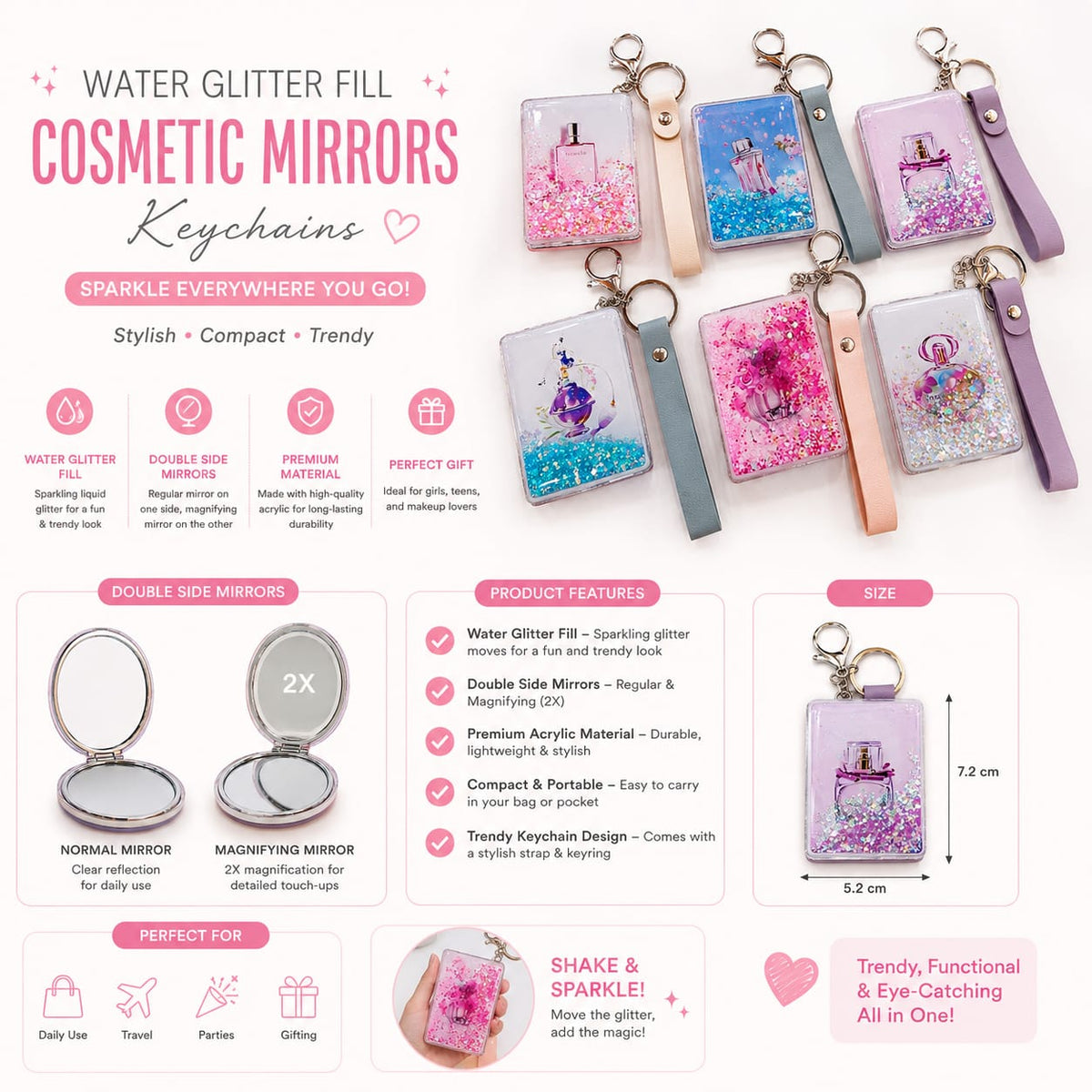 Premium Acrylic Water Glitter Filled Double-Sided Pocket Mirror Keychain – 9 × 6 cm
