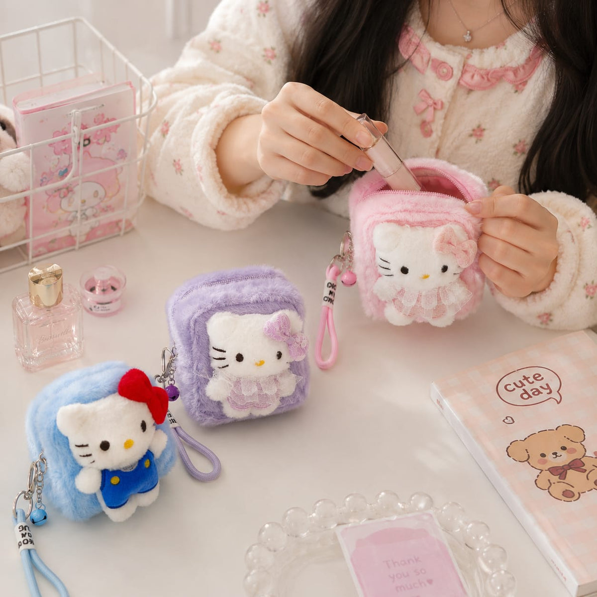 Hello Kitty Plush Mini Size Zipper Pouches Keychains ( Size 4 × 4 inch )