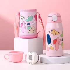 Imported Childrens Stainless Steel Water Bottle with 2 Different Caps & Bottle Cover Bag | 316 Sus | 470 ml Capacity