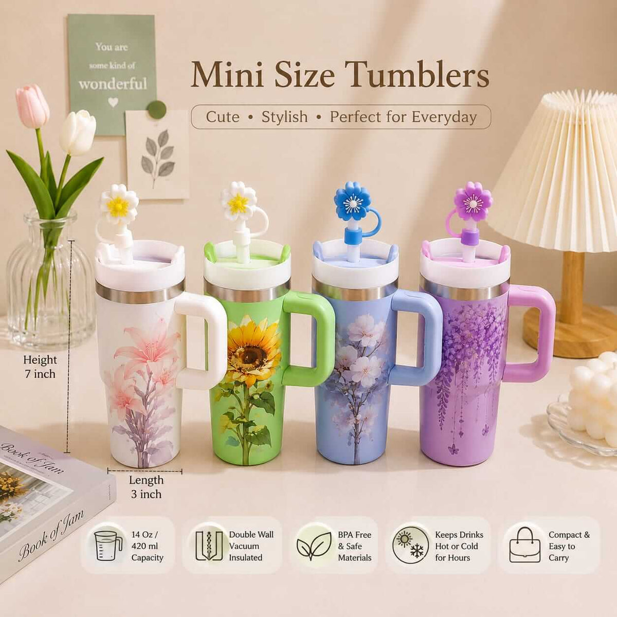 Mini Size Stainless Steel Flower Tumblers with Stopper - 14 Oz / 420 ml - Sus 304