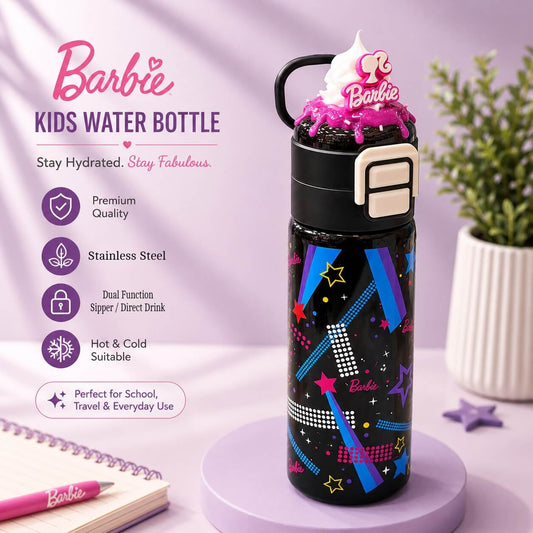 Barbie Stainless Steel Dual Drinking Water Bottle – 520ml | Sipper & Direct Drink