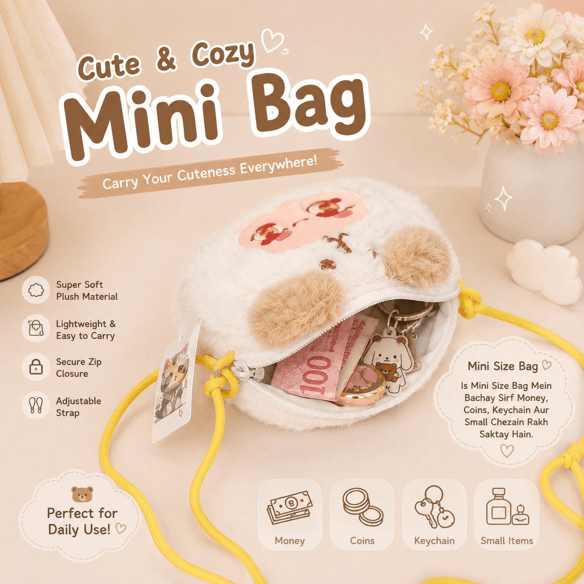 Cute Plush Mini Crossbody Kids Bag ( Size 6 × 5 Inch ) Soft Cartoon Coin Pouch