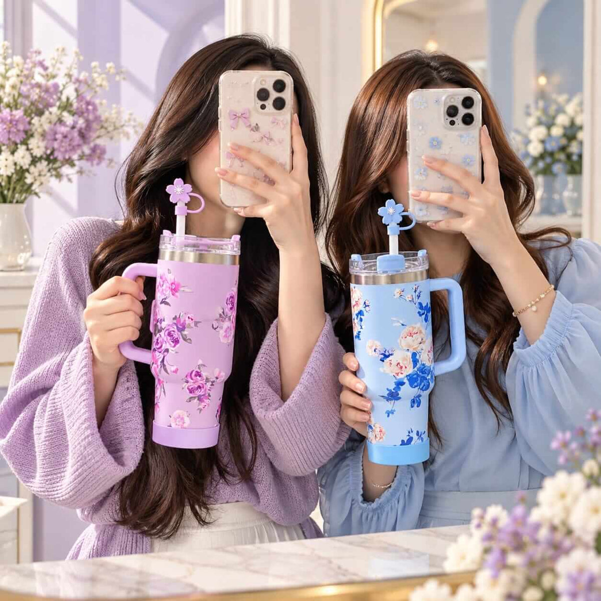 40 Oz Floral Stainless Steel Tumblers with Straw Topper & Silicone Boot
