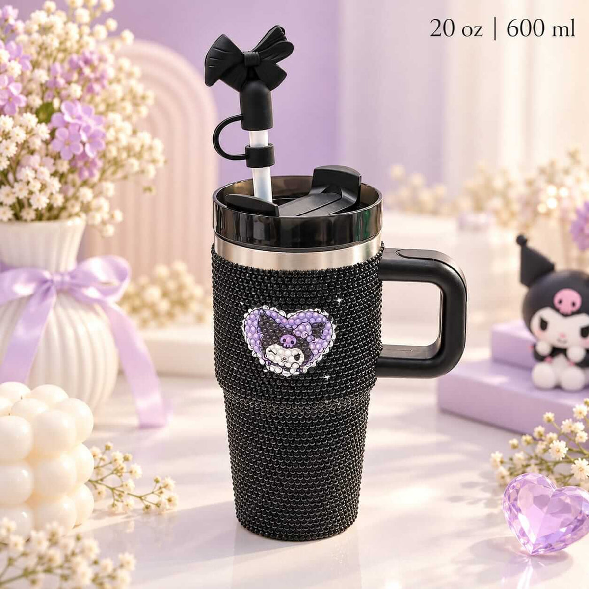 Premium Rhinestone Kuromi Tumbler with Handle & Bow Straw | 20 oz (600 ml)